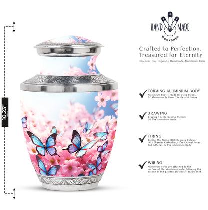 Decorative Blue Butterfly Urn, designed as a tasteful funeral ashes container
