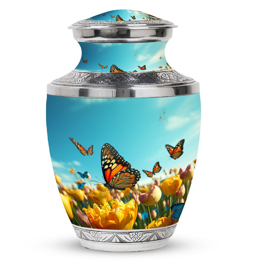 Pink memorial urn adorned with graceful butterfly design for safeguarding human ashes