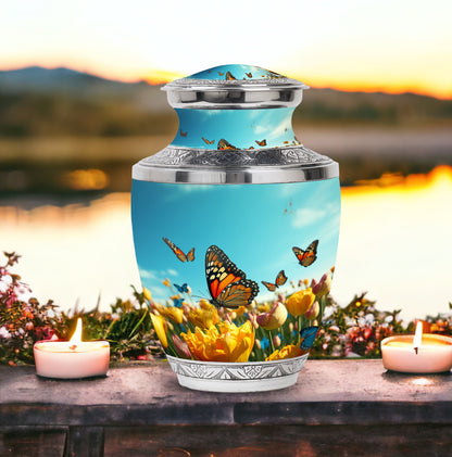 Pink memorial urn adorned with graceful butterfly design for safeguarding human ashes