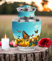 Pink memorial urn adorned with graceful butterfly design for safeguarding human ashes