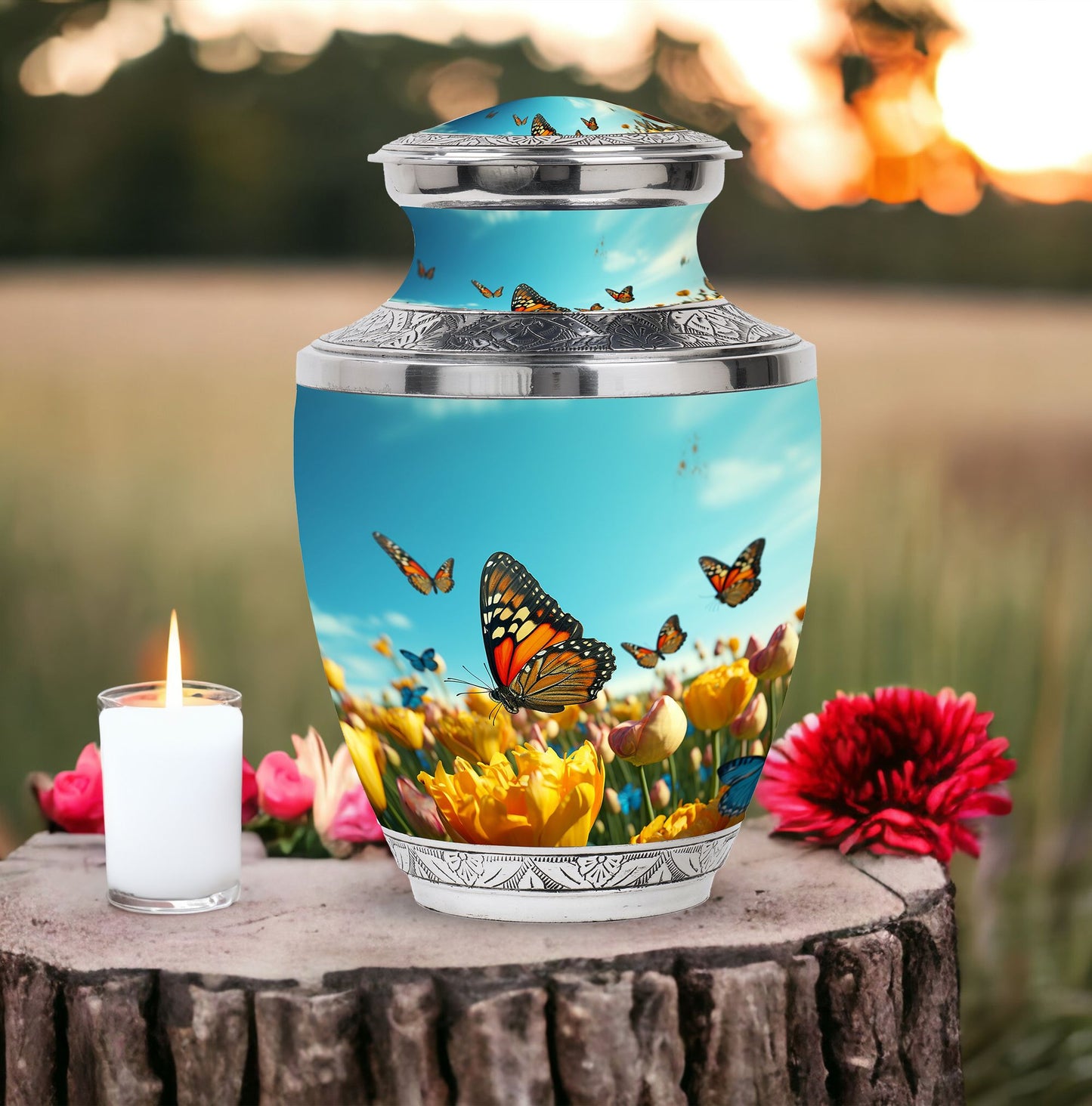 Pink memorial urn adorned with graceful butterfly design for safeguarding human ashes