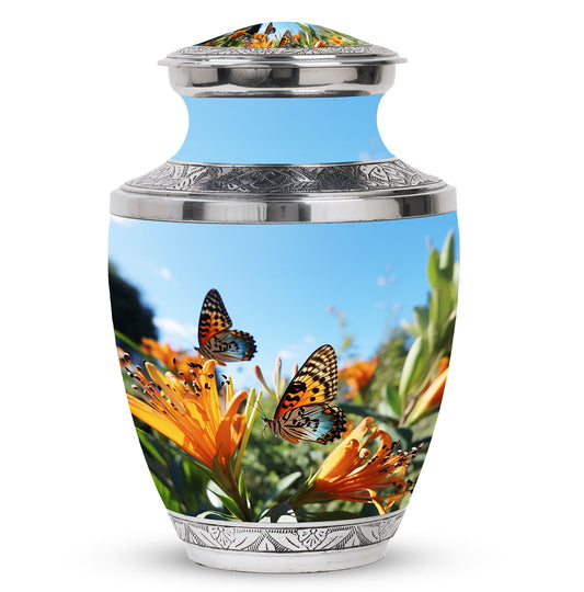 Butterfly on decorative purple urn for adult male human ashes