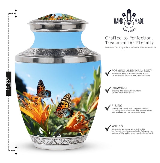 Butterfly on decorative purple urn for adult male human ashes