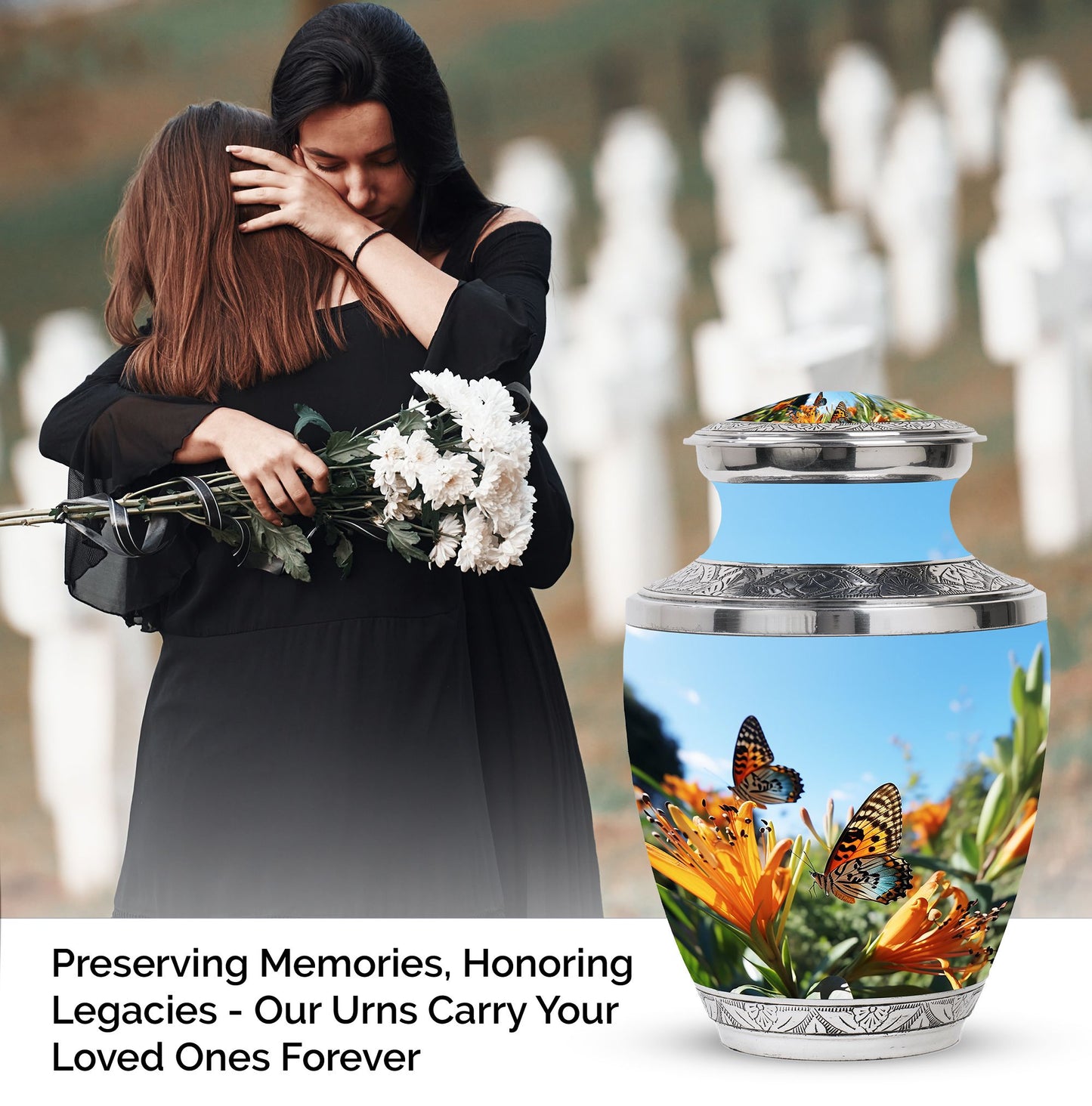 Butterfly on decorative purple urn for adult male human ashes