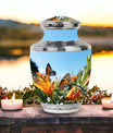 Butterfly on decorative purple urn for adult male human ashes