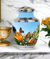 Butterfly on decorative purple urn for adult male human ashes