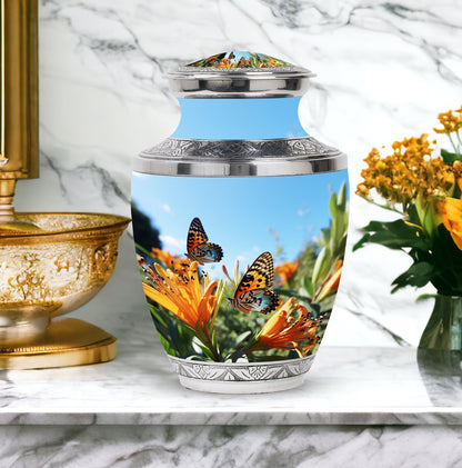 Butterfly on decorative purple urn for adult male human ashes