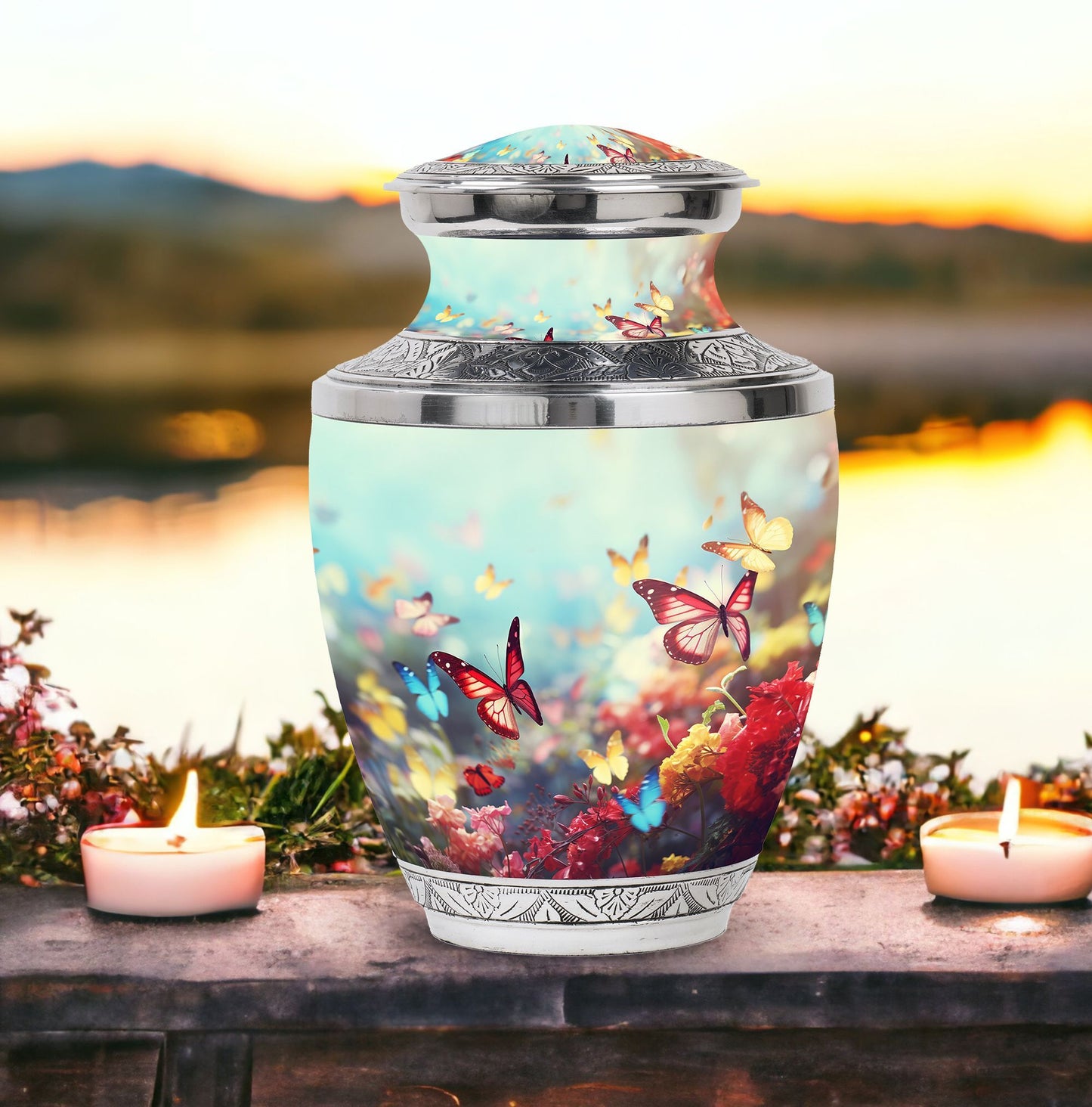 Colorful Butterflies urn for human ashes