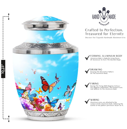 Blue Butterflies Urn symbolizing peace and tranquility, ideal for ashes of an adult female and perfect as a funeral urn for mom