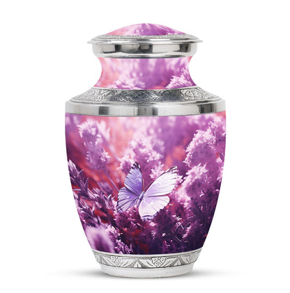 Classic purple butterflies urn for human ashes.