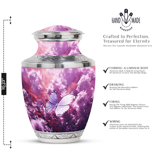 Classic purple butterflies urn for human ashes.