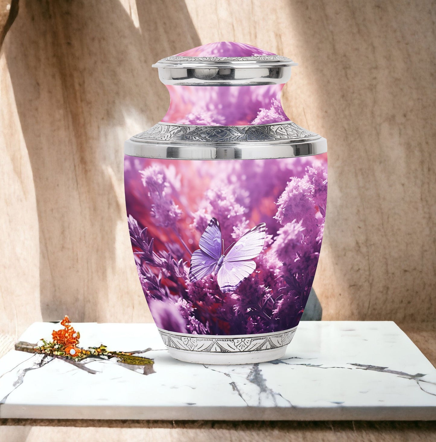 Classic purple butterflies urn for human ashes.