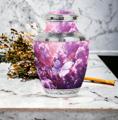 Classic purple butterflies urn for human ashes.