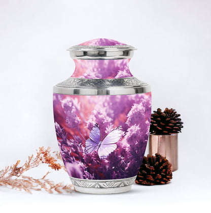 Classic purple butterflies urn for human ashes.