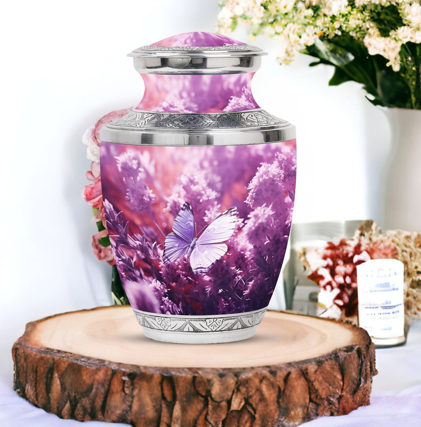 Classic purple butterflies urn for human ashes.