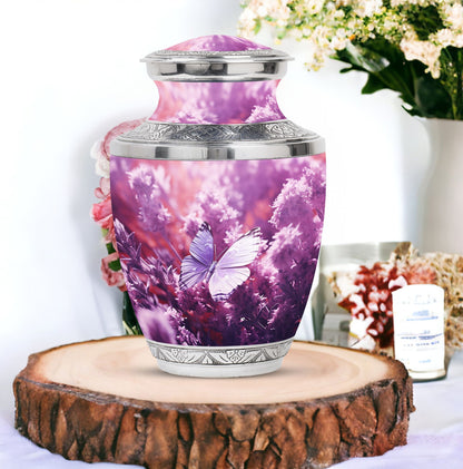 Classic purple butterflies urn for human ashes.