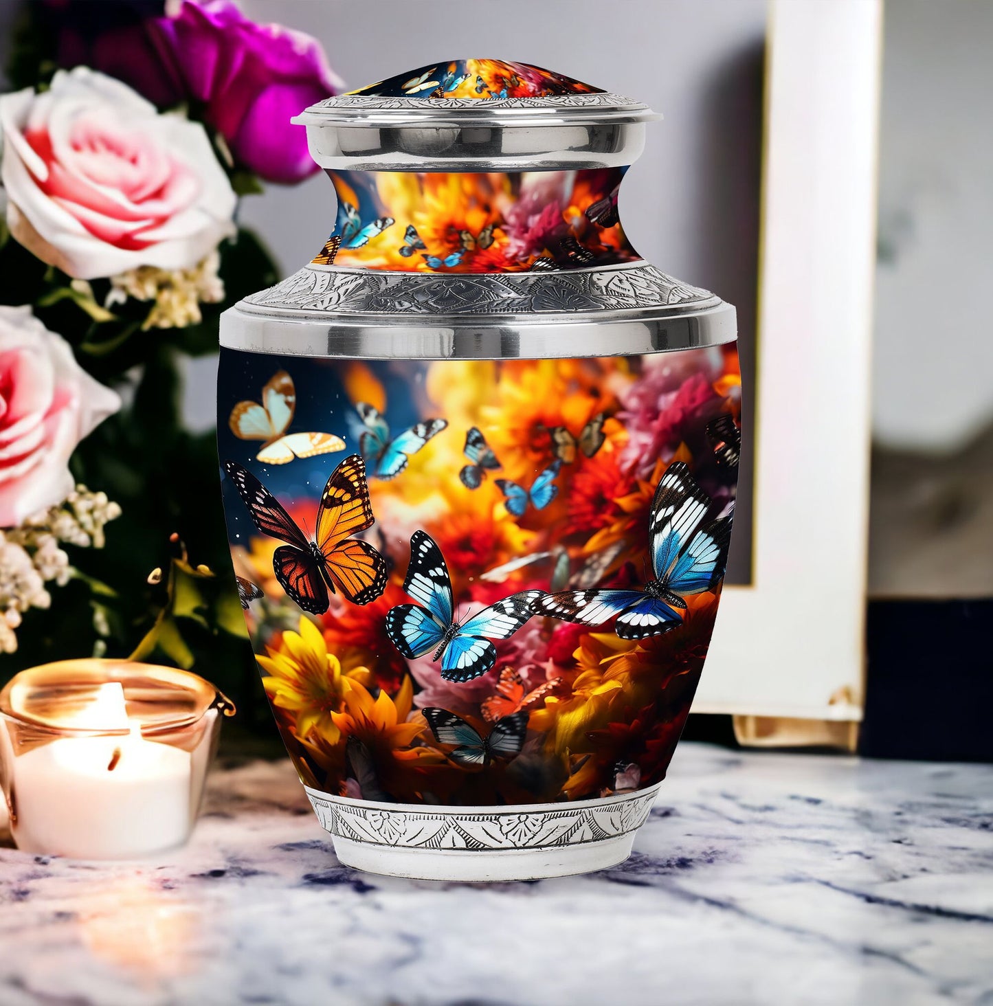 Blue Butterfly Urn, classic large urn for cremation ashes