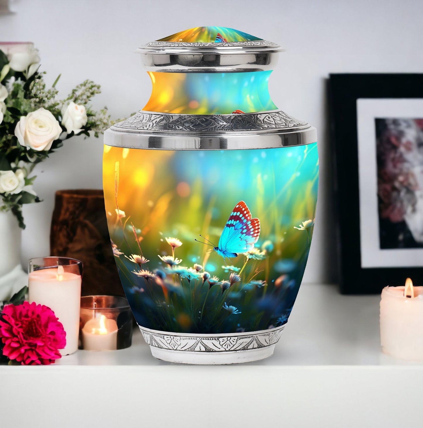 Personalized Butterfly Fly Sunset Meadow Memorial Urn