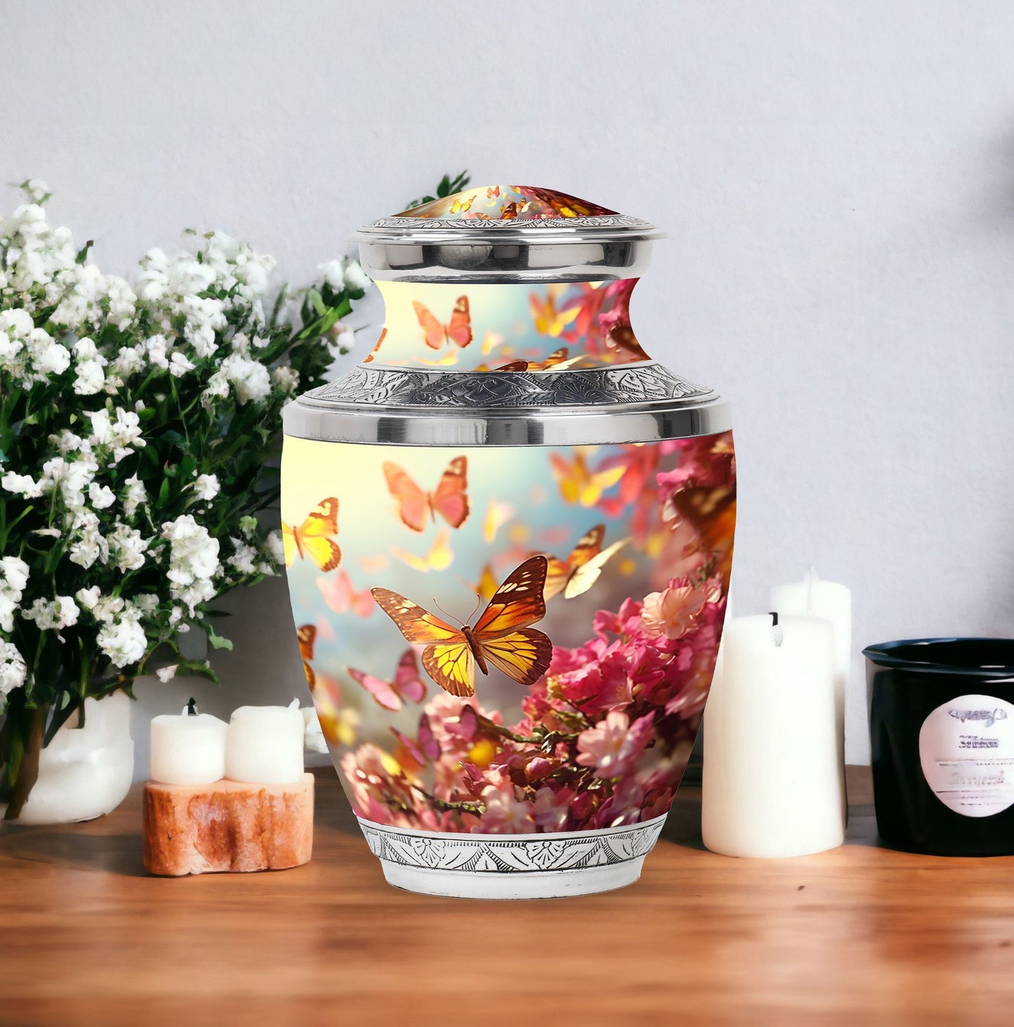 Colorful Butterflies Urn for cremation, a 10 inch large urn