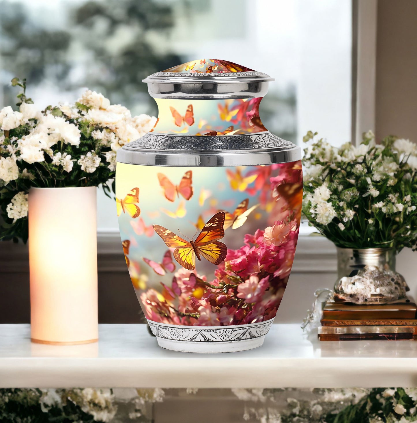 Colorful Butterflies Urn for cremation, a 10 inch large urn