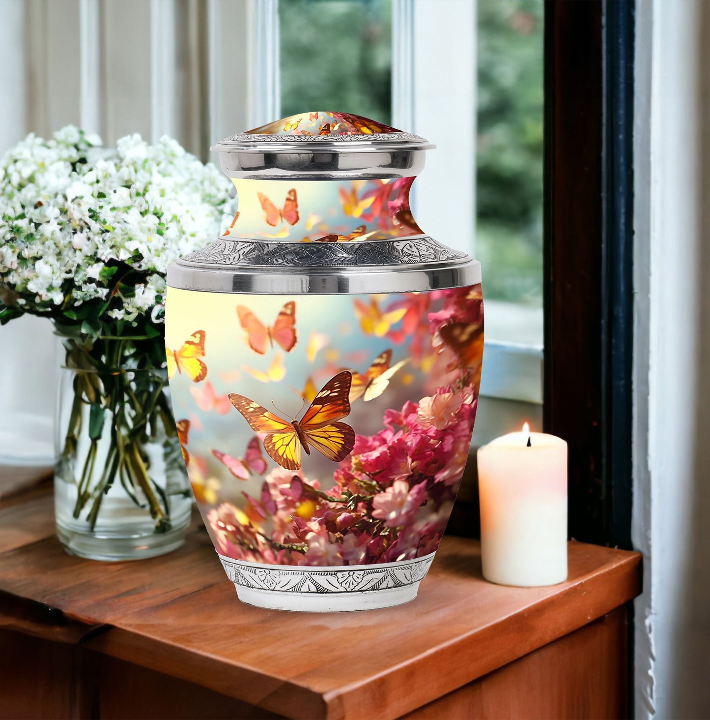 Colorful Butterflies Urn for cremation, a 10 inch large urn