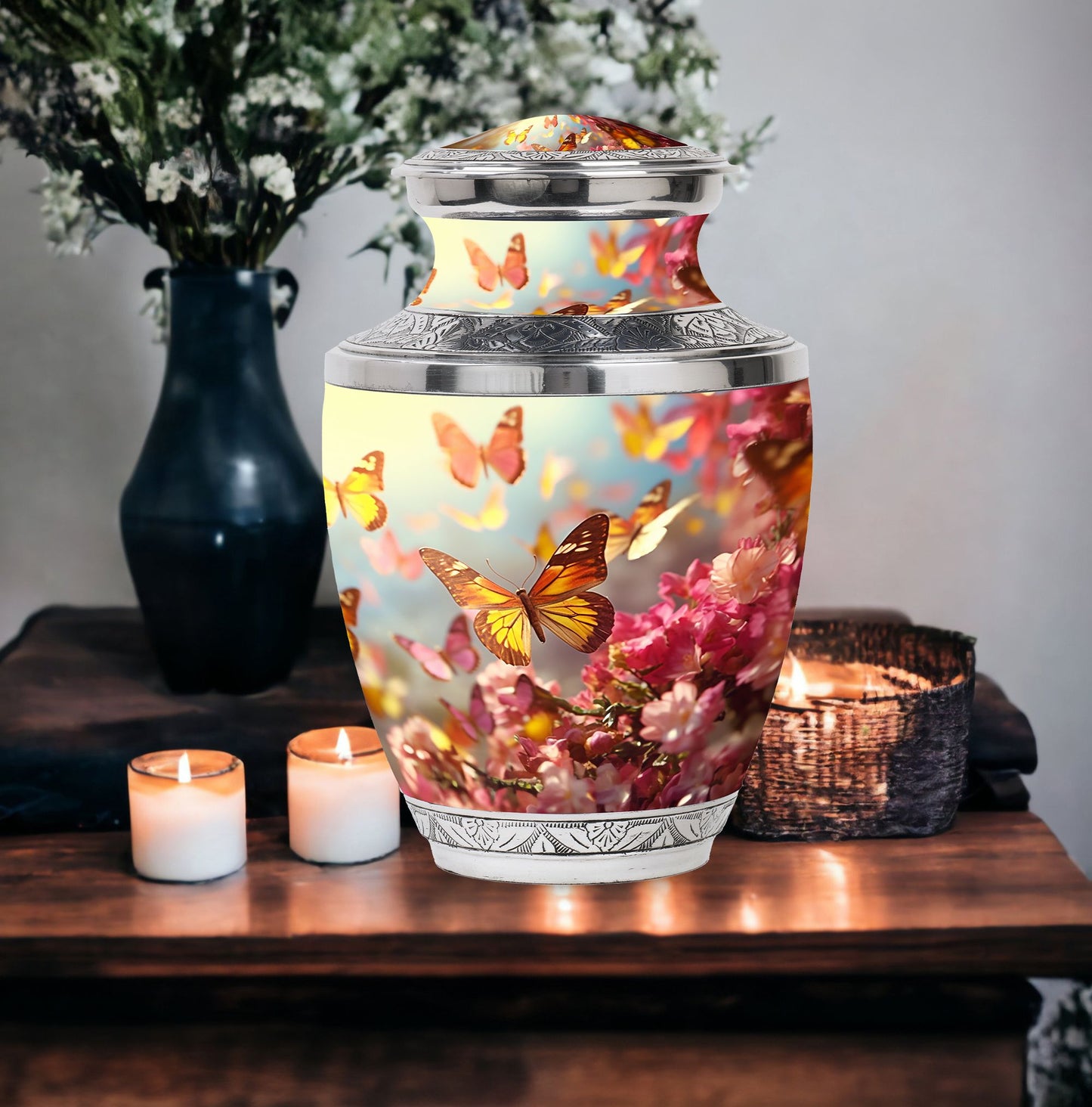 Colorful Butterflies Urn for cremation, a 10 inch large urn