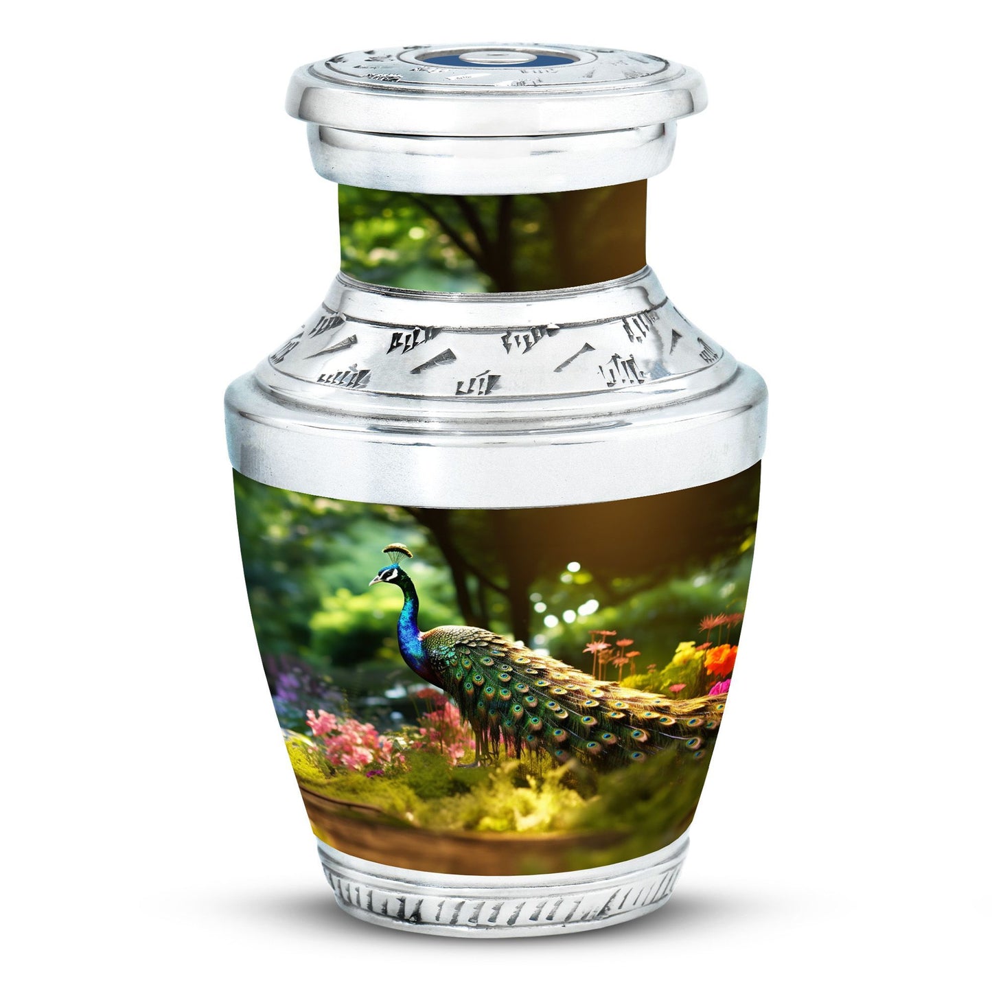 Classic 3-inch aluminium Peacock Memorial Urn.