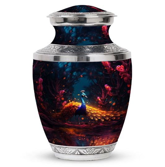 Large blue peacock urn for human ashes.