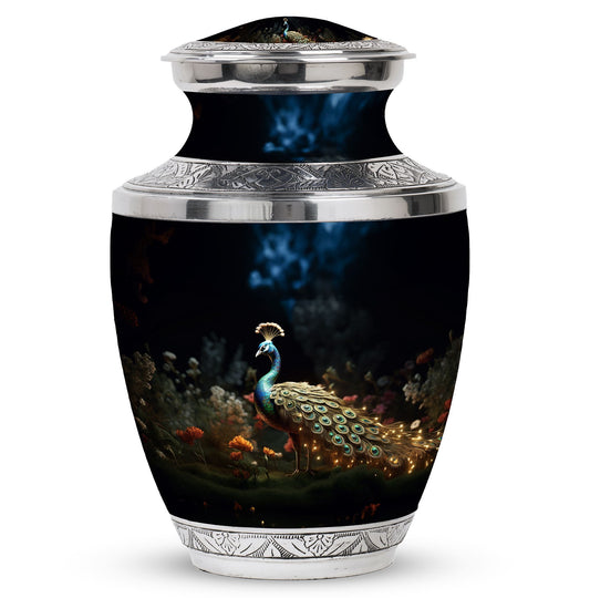 Classic 10-inch peacock urn for ashes.