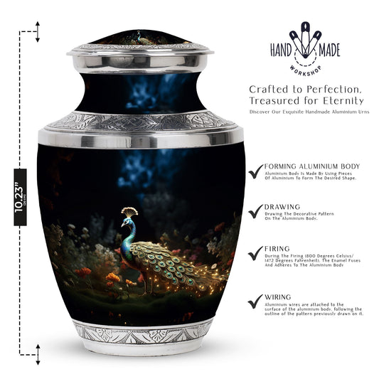 Classic 10-inch peacock urn for ashes.
