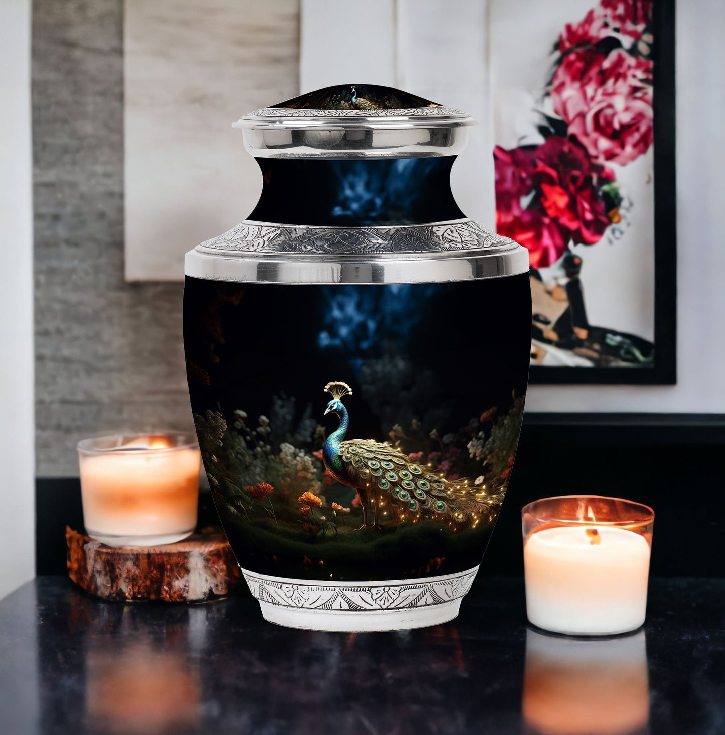 Classic 10-inch peacock urn for ashes.