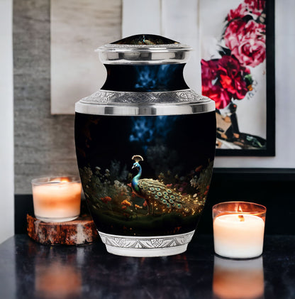 Classic 10-inch peacock urn for ashes.