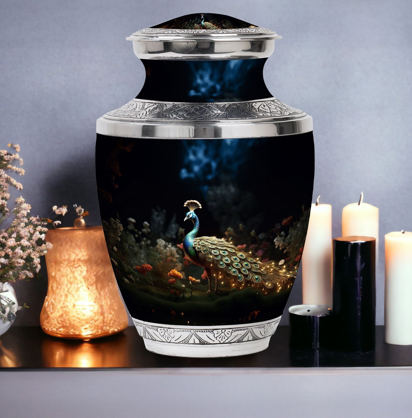 Classic 10-inch peacock urn for ashes.