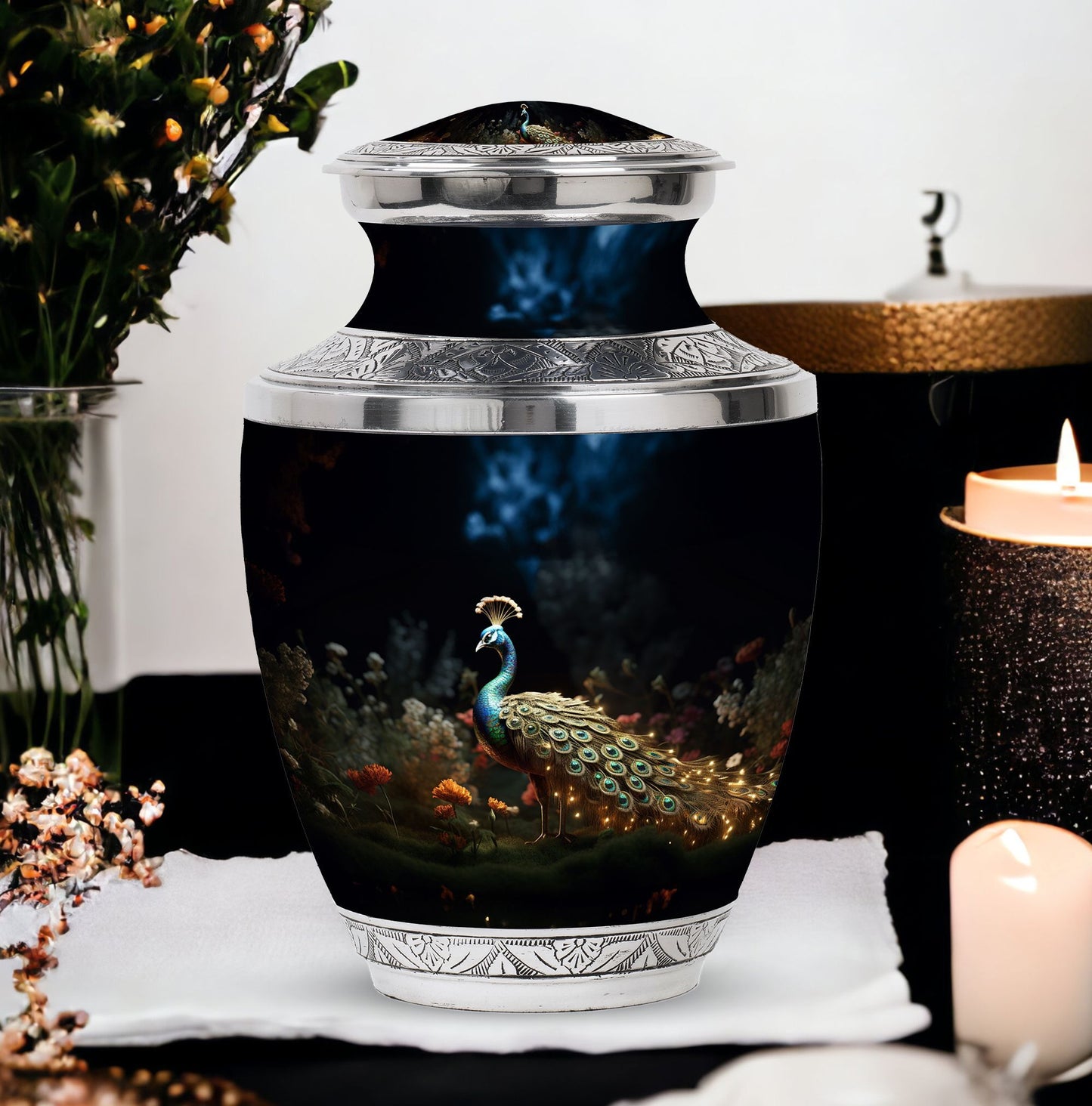 Classic 10-inch peacock urn for ashes.