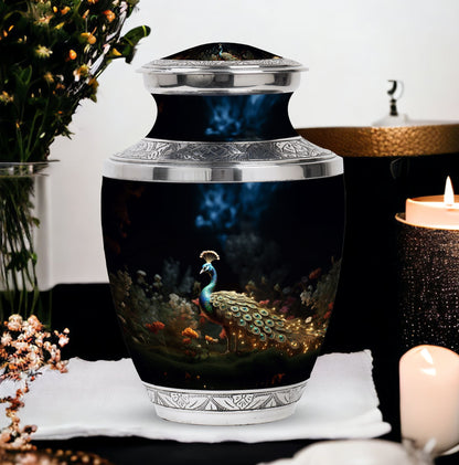 Classic 10-inch peacock urn for ashes.