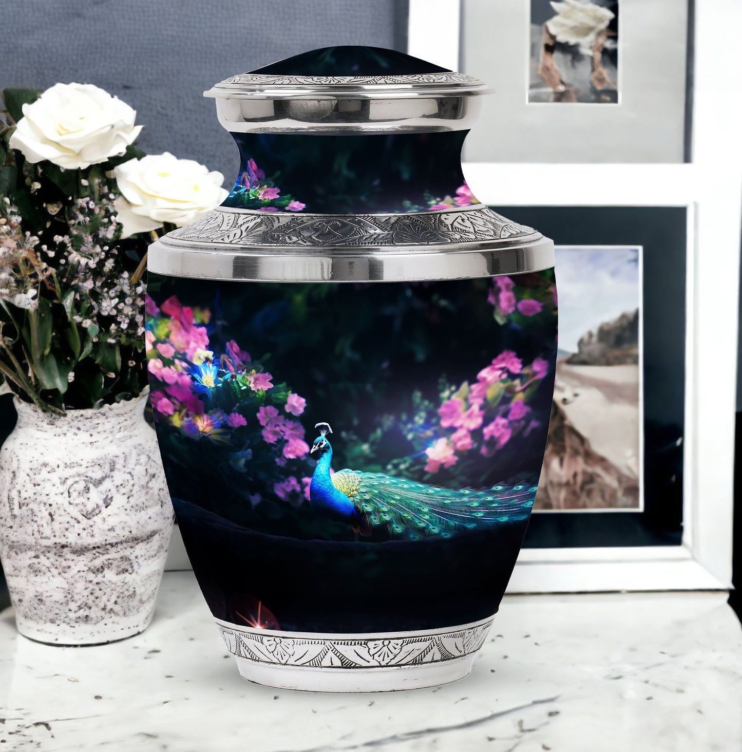 Personalizable Peacock Classic Urn for Cremation Ashes.