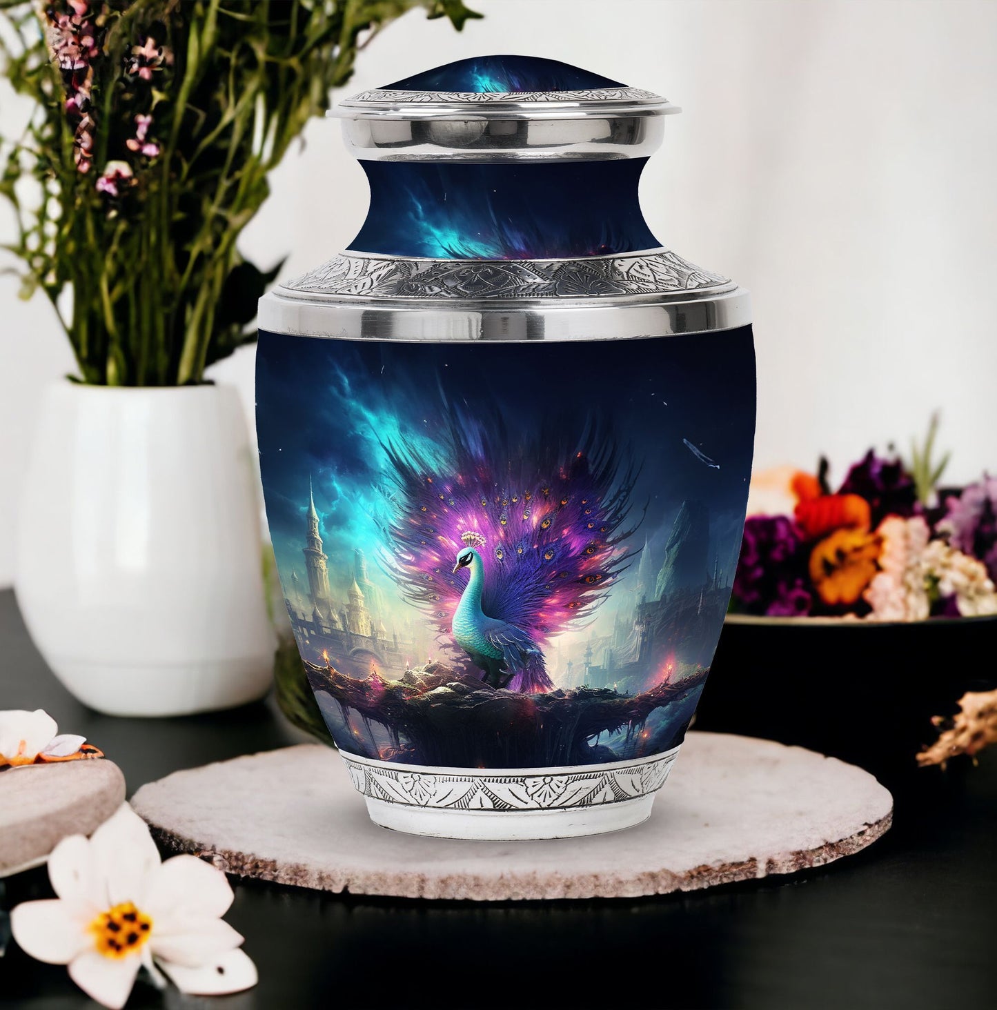 Large 3-inch Peacock Memorial Urn for Adults.