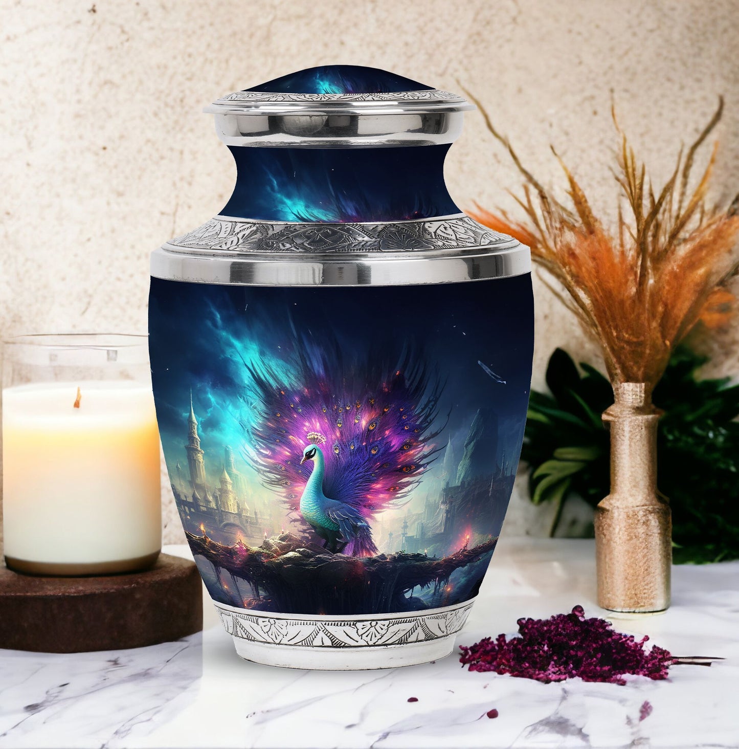 Large 3-inch Peacock Memorial Urn for Adults.