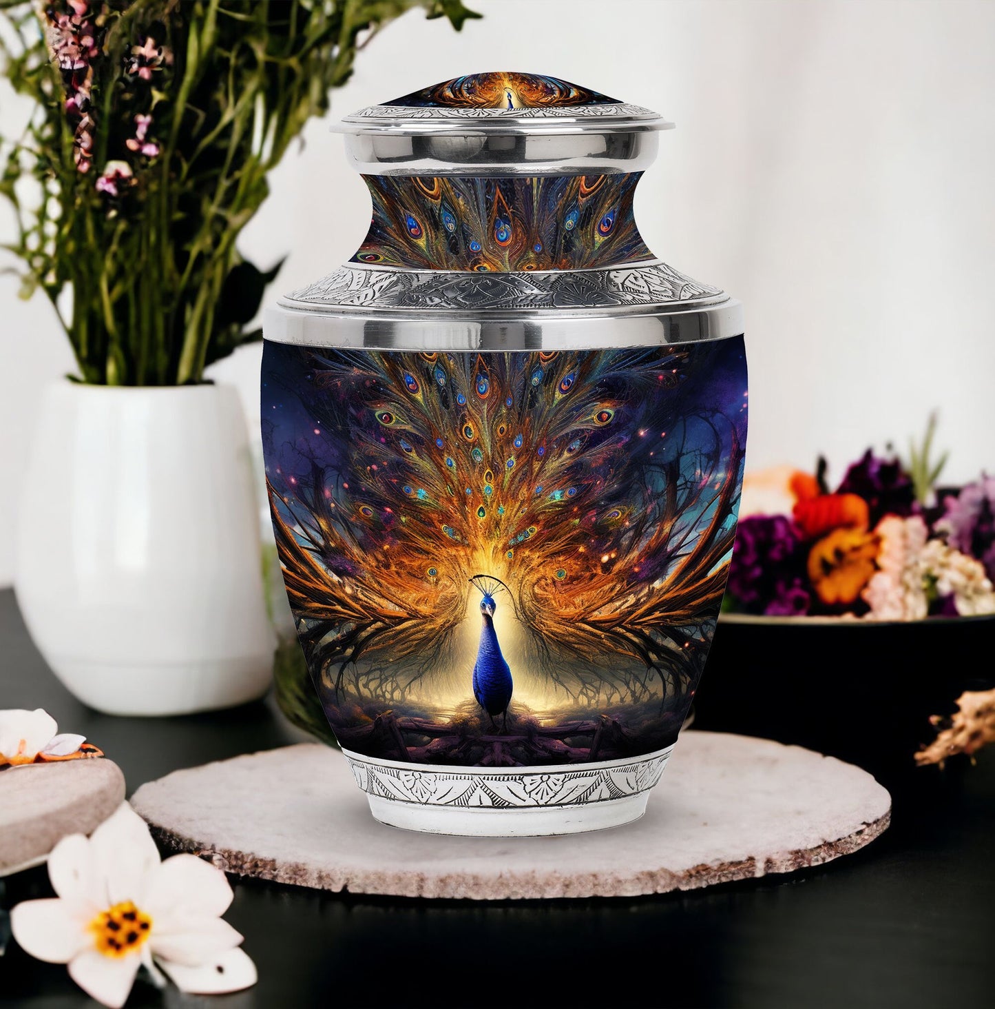 Classic Peacock Urn for Mother's ashes.