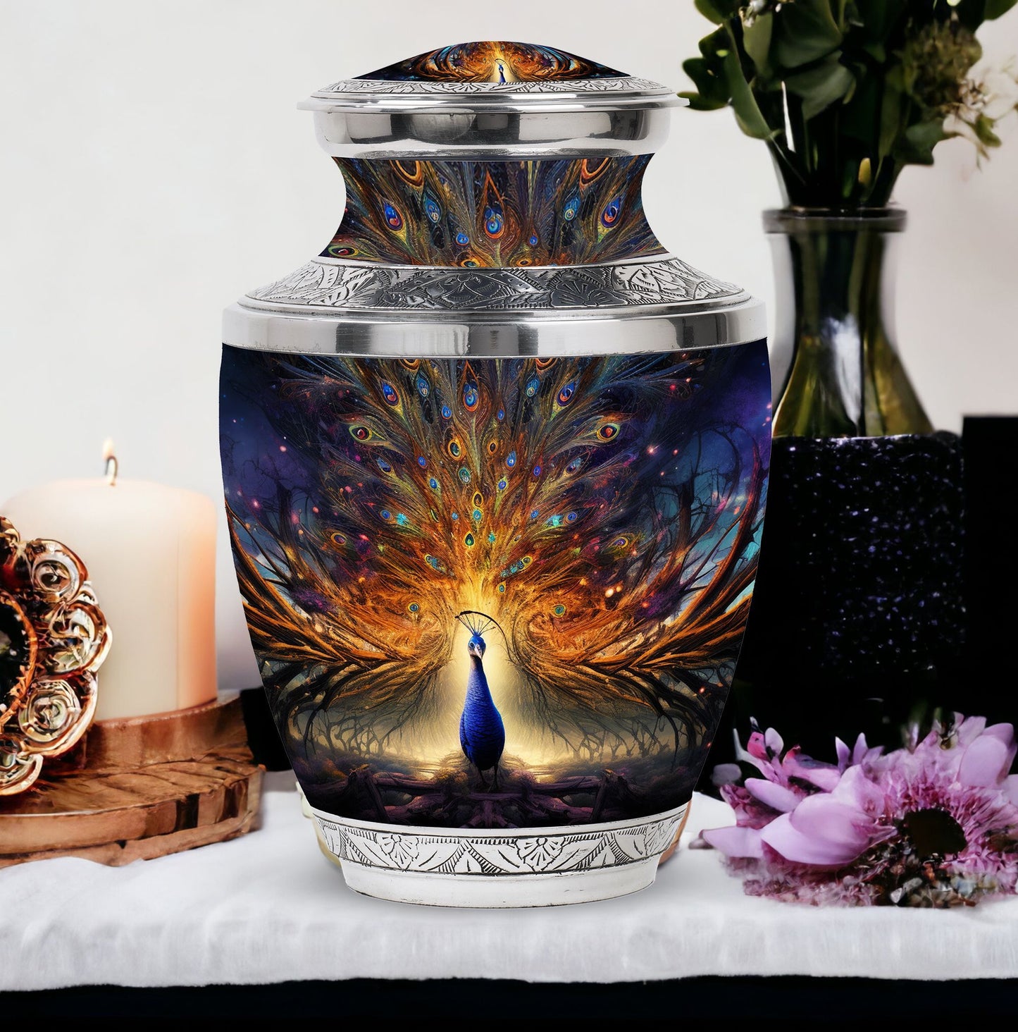 Classic Peacock Urn for Mother's ashes.