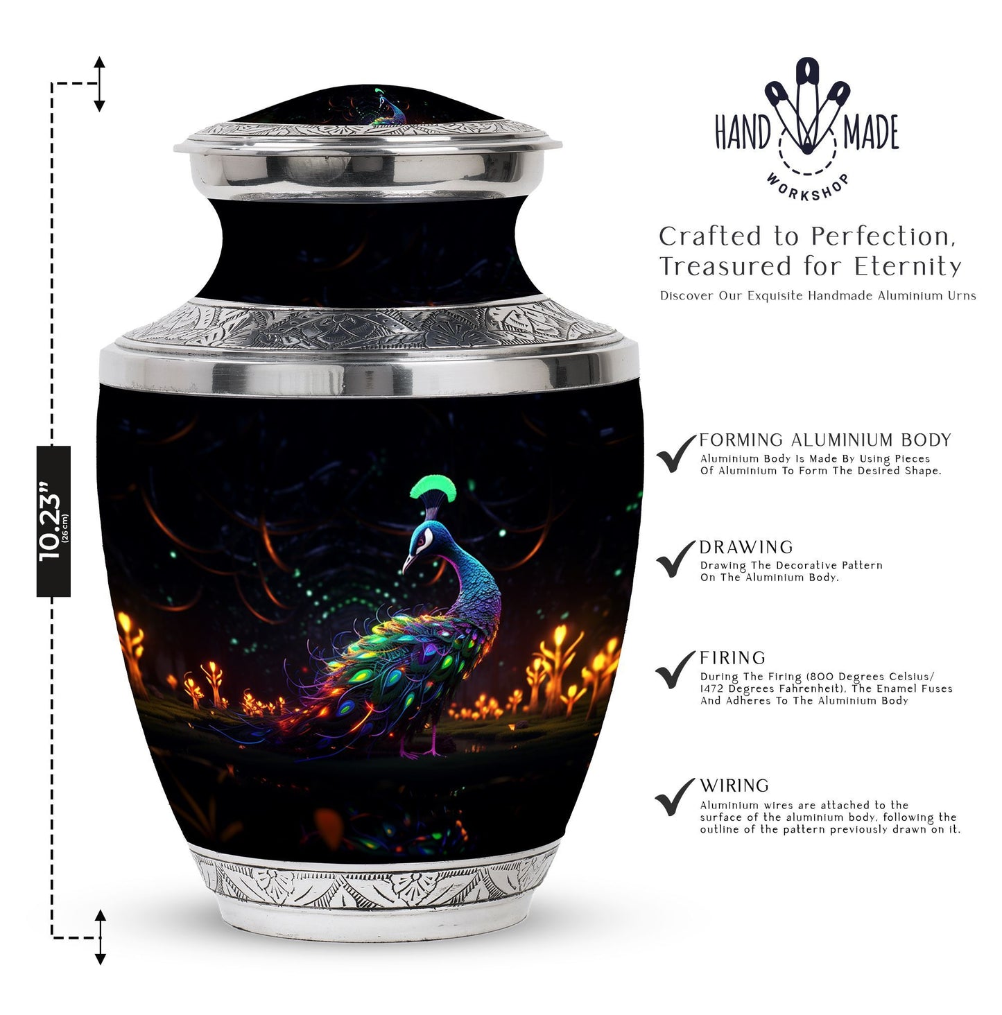 Classic Peacock Urn, large Aluminum Memorial Urn for Ashes.