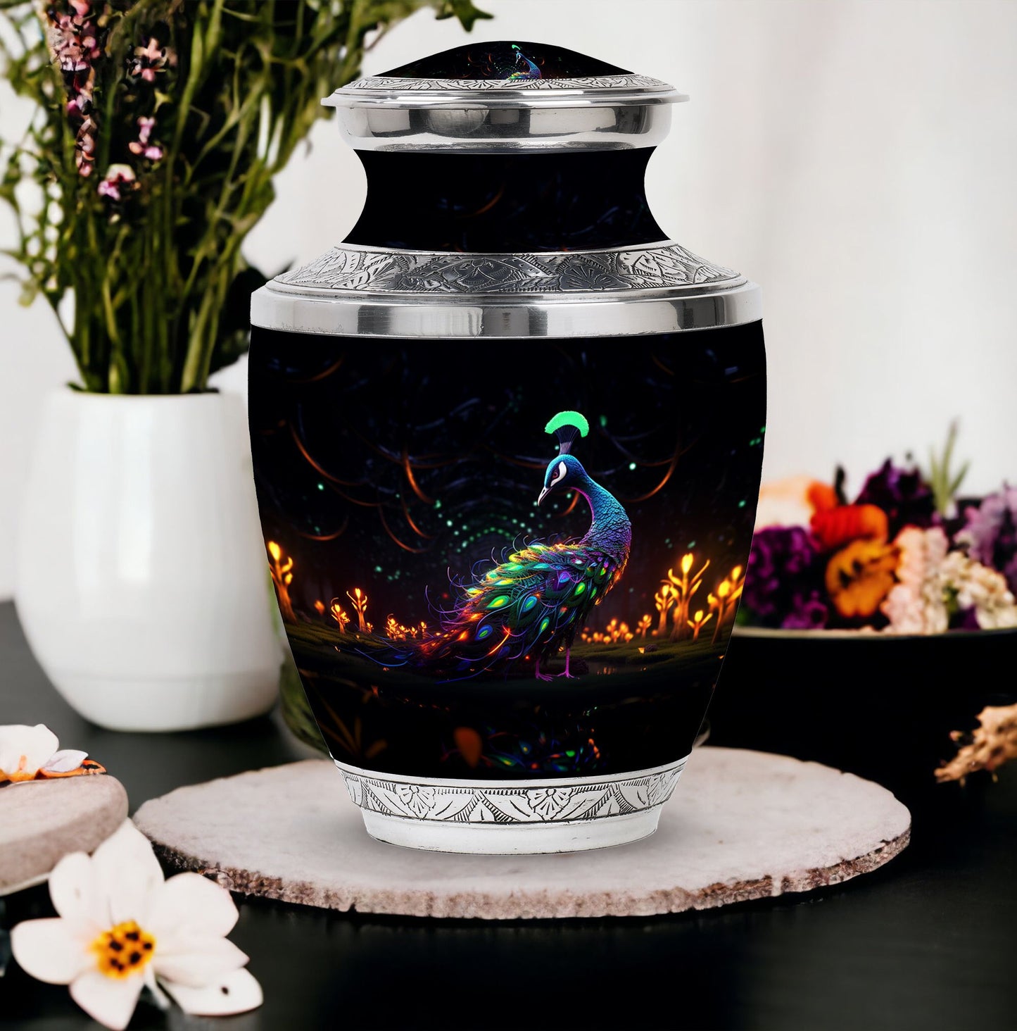 Classic Peacock Urn, large Aluminum Memorial Urn for Ashes.