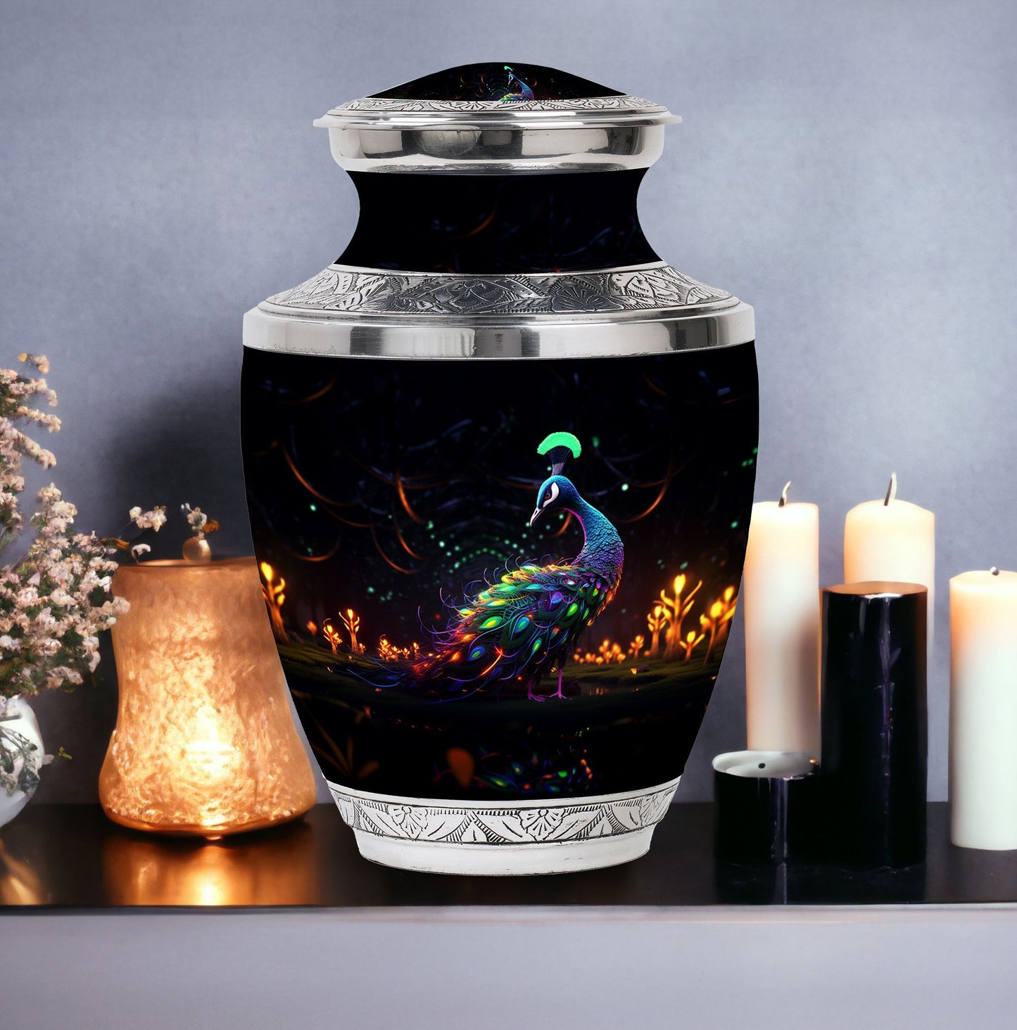 Classic Peacock Urn, large Aluminum Memorial Urn for Ashes.
