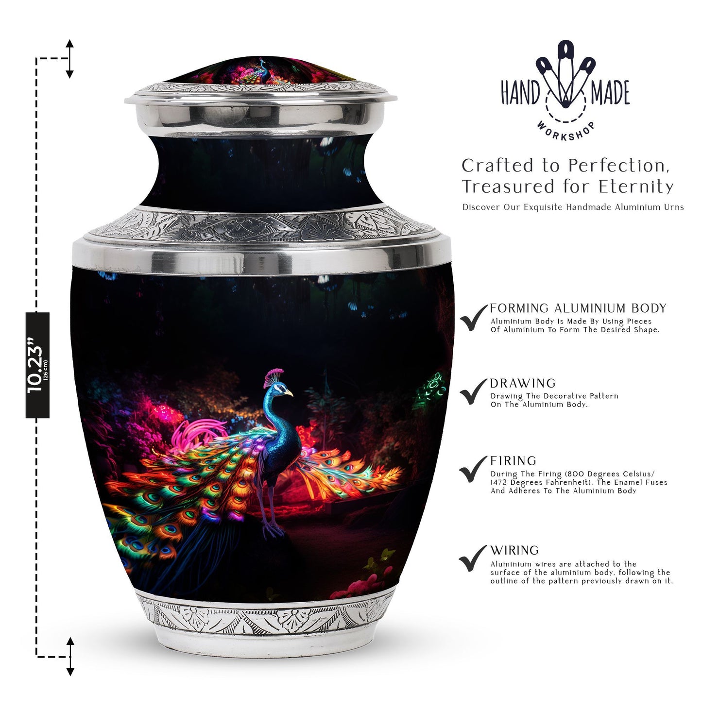 Large Peacock Cremation Urn customizable for adult ashes.
