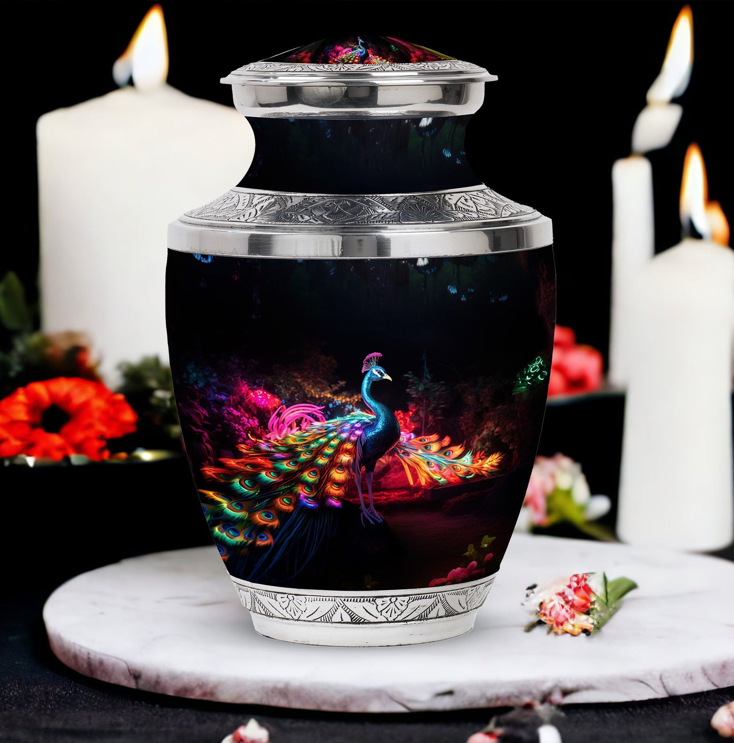 Large Peacock Cremation Urn customizable for adult ashes.