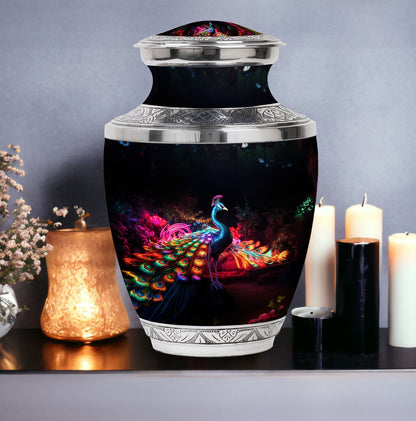 Large Peacock Cremation Urn customizable for adult ashes.