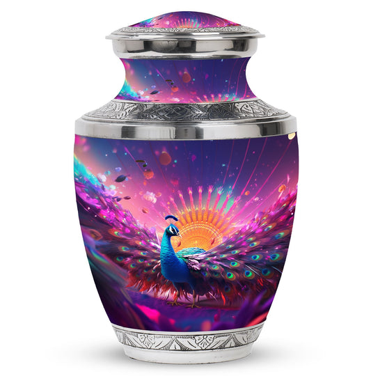 Classic Peacock Memorial Urn, Large 3 Inch Aluminium Urn.