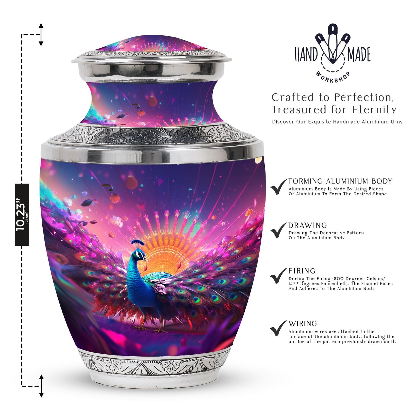 Classic Peacock Memorial Urn, Large 3 Inch Aluminium Urn.