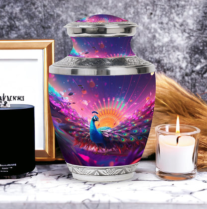 Classic Peacock Memorial Urn, Large 3 Inch Aluminium Urn.