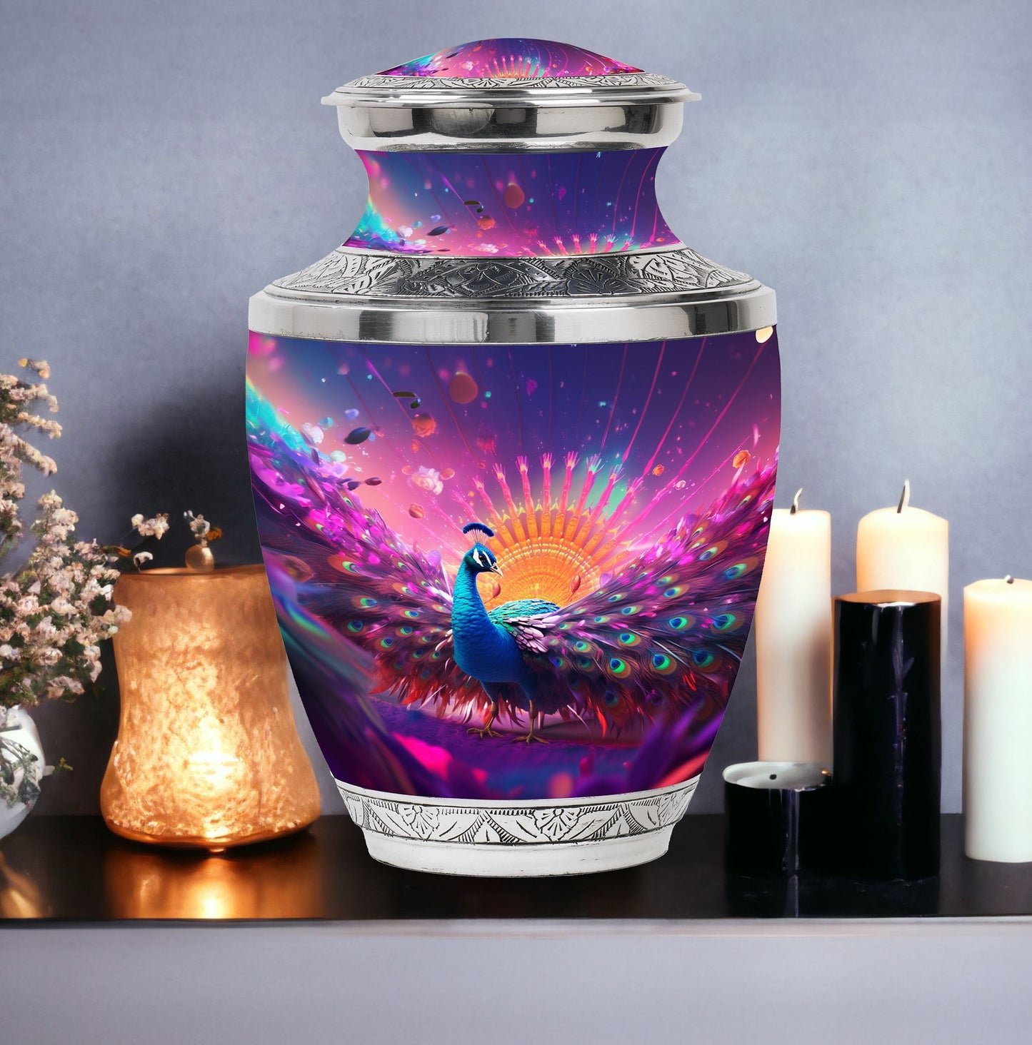 Classic Peacock Memorial Urn, Large 3 Inch Aluminium Urn.